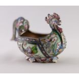 AN IMPERIAL RUSSIAN SILVER (.88 ZOLOTNIKS) AND CLOISONNE ENAMEL COCKEREL FORM KOVSCH, 3 1/2" (9cm)