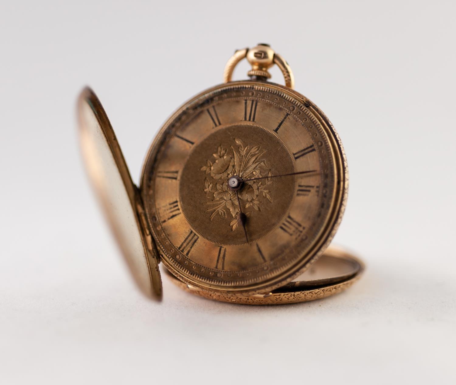 18k GOLD OPEN FACED POCKET WATCH with key wind movement, floral engraved roman dial, the case engine