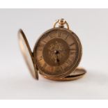 18k GOLD OPEN FACED POCKET WATCH with key wind movement, floral engraved roman dial, the case engine