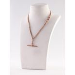 9ct ROSE GOLD CURB LINK ALBERT CHAIN, with T-bar and two clips, length 33.5cm, 6.57g