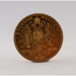 AUSTRIAN 100 CORONA GOLD COIN, dated 1915, 34gms (re-strike)