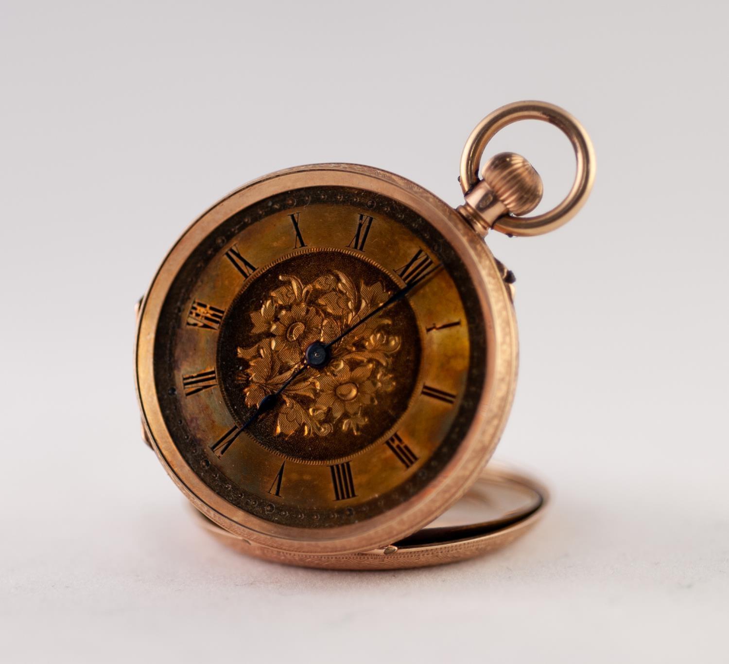 14k GOLD LADY'S POCKET WATCH with keyless movement, gold roman dial with floral engraved centre,