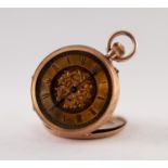 14k GOLD LADY'S POCKET WATCH with keyless movement, gold roman dial with floral engraved centre,