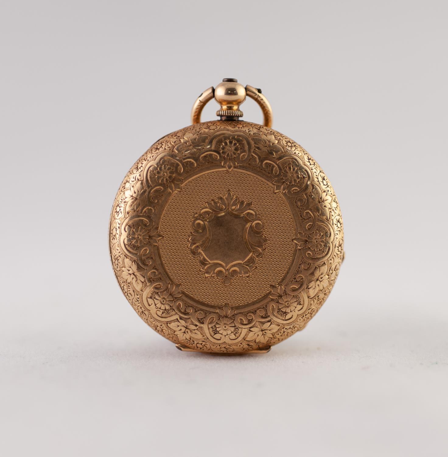 18k GOLD OPEN FACED POCKET WATCH with key wind movement, floral engraved roman dial, the case engine - Image 3 of 3