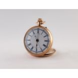 LADY'S 14K GOLD POCKET WATCH with keyless movement, white roman dial with centre seconds hand, plain