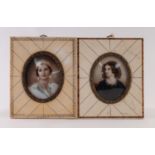 TWO LATE 19TH CENTURY FRENCH PIANO-KEY FRAMED PASTICHE PORTRAIT MINIATURE OF LADIES, each 3 3/8" x 2