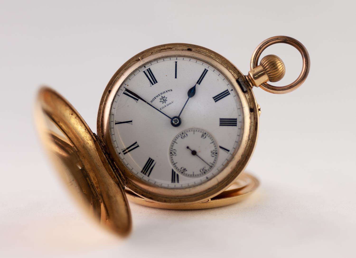 ROTHERHAMS, LONDON, EDWARDIAN 18ct GOLD FULL HUNTER POCKET WATCH with keyless movement, white