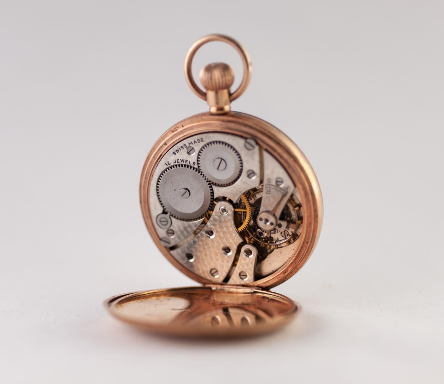 9ct GOLD OPEN FACED POCKET WATCH with keyless 15 jewels Swiss movement, white roman dial with - Image 2 of 2