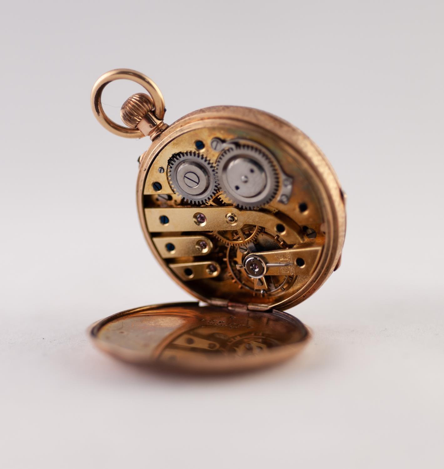 14k GOLD LADY'S POCKET WATCH with keyless movement, gold roman dial with floral engraved centre, - Image 2 of 2