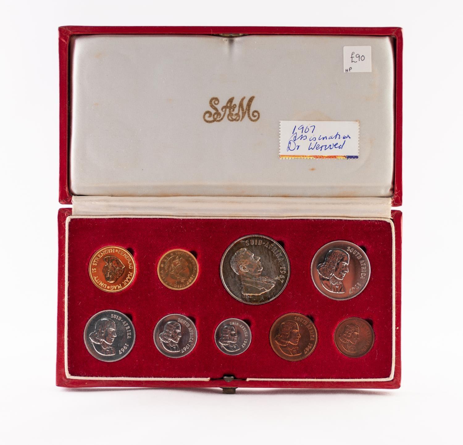 SET OF SOUTH AFRICAN COMMEMORATIVE GOLD, SILVER AND COPPER COINS, from 1 cent to a gold 2 rand, 1967