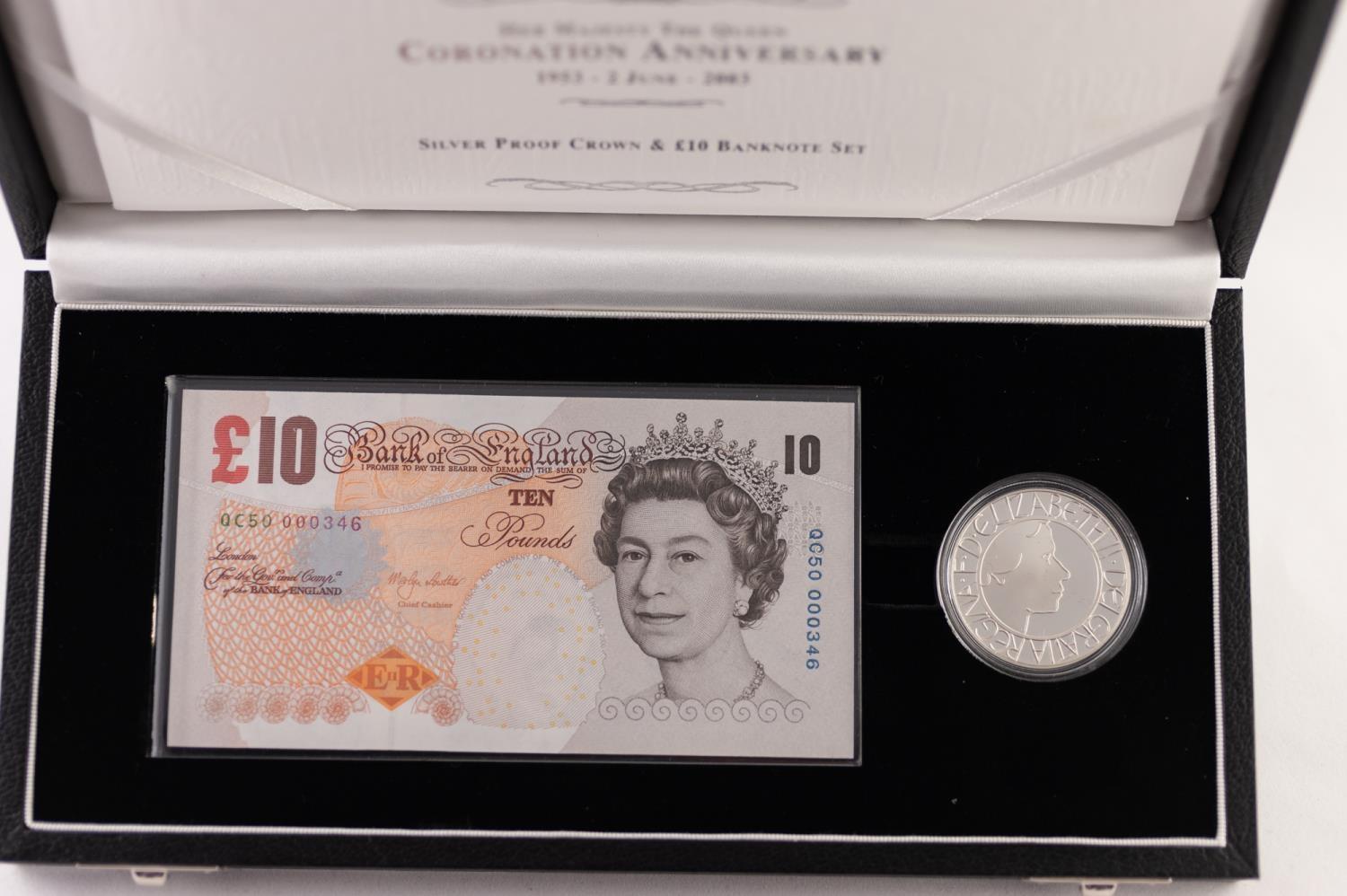 ELIZABETH II ROYAL MINT 2003 LIMITED EDITION PROOF SILVER CROWN AND TEN POUND BANKNOTE SET, - Image 2 of 2