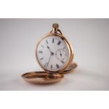 9ct GOLD FULL HUNTER POCKET WATCH, with keyless movement, white roman dial with subsidiary dial,