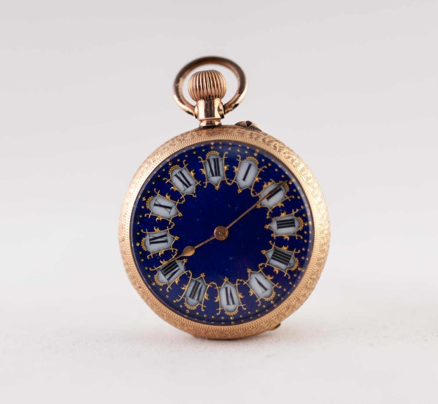 14k GOLD LADY'S POCKET WATCH with keyless movement, the dark blue enamelled dial with white