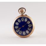 14k GOLD LADY'S POCKET WATCH with keyless movement, the dark blue enamelled dial with white