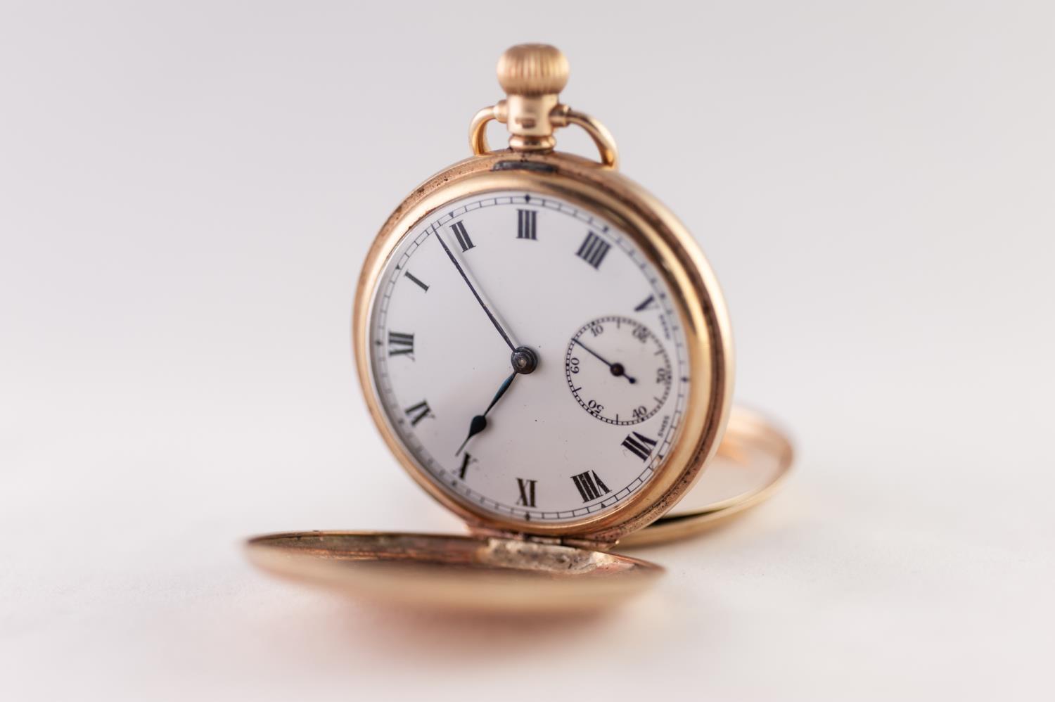 DIMRA 9ct GOLD FULL HUNTER POCKET WATCH WITH SWISS 15 JEWELS KEYLESS MOVEMENT, roman white dial with