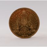 AUSTRIAN 100 CORONA GOLD COIN 1915, 34gms (re-strike)