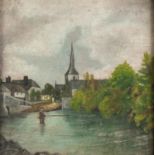 UNATTRIBUTED (NINETEENTH CENTURY) OIL PAINTING ON PANEL River scene with wading angler, a town in