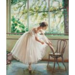 W. CHAYTON (MODERN) OIL PAINTING ON CANVAS Figure study of a ballerina with foot raised on a chair