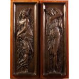 F. BARBEDIENNE, PAIR OF CAST BRONZE PLAQUES, each in bas-relief with a classical female figure as