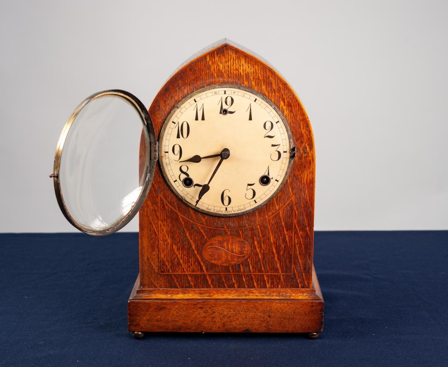 EARLY TWENTIETH CENTURY INLAID OAK LANCET TOP MANTLE CLOCK, the 5 ¼? Arabic dial powered by a - Image 2 of 3