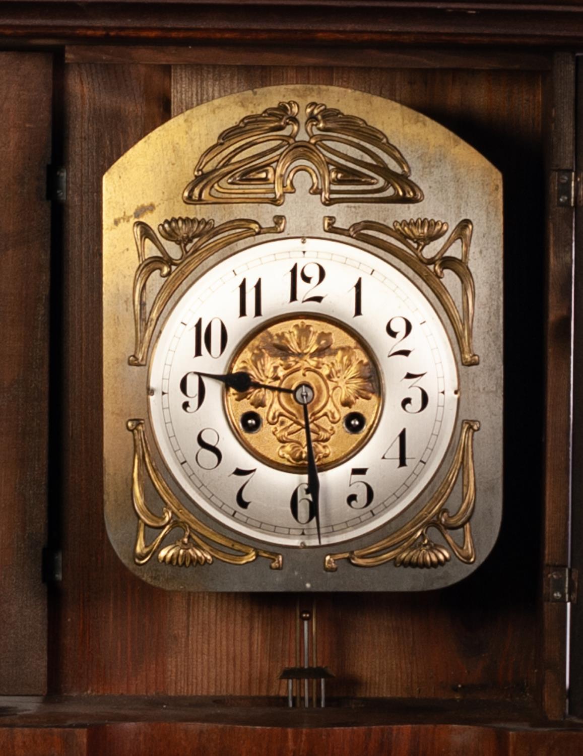 LATE 19th/EARLY 20th CENTURY GERMAN WALNUT WALL CLOCK, the pendulum movement striking on a coiled - Image 2 of 2