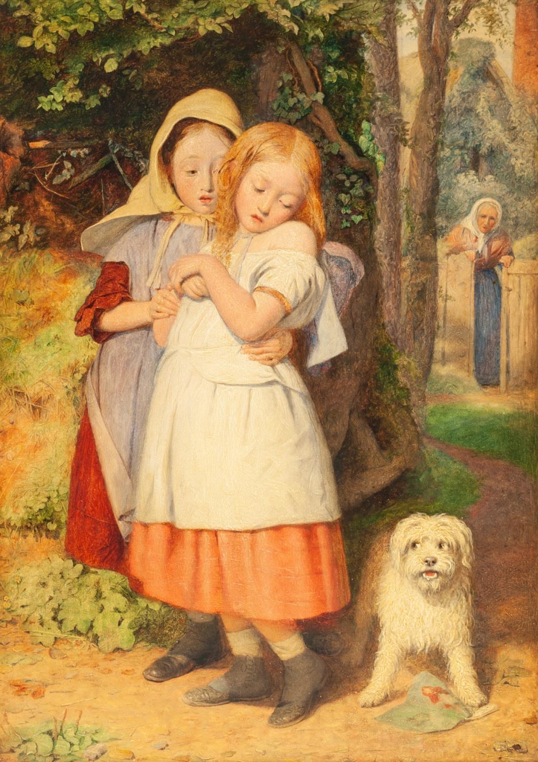 EDWARD THOMPSON DAVIS (1833 - 1867) OIL PAINTING ON BOARD Two young girls alarmed by a dog at their