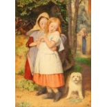 EDWARD THOMPSON DAVIS (1833 - 1867) OIL PAINTING ON BOARD Two young girls alarmed by a dog at their