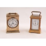 TINY 20th CENTURY FRENCH GORGE CASED BRASS CARRIAGE CLOCK, the white enamel dial with roman hour