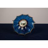 UNUSUAL CIRCA 1930's MOULDED BLUE GLASS AND GILT METAL UMBRELLA SHAPED DRESSING TABLE CLOCK