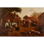 EDWARD BENJAMIN HERBERTE (Act: 1857-1893) OIL PAINTING ON CANVAS Farmyard scene with figures,