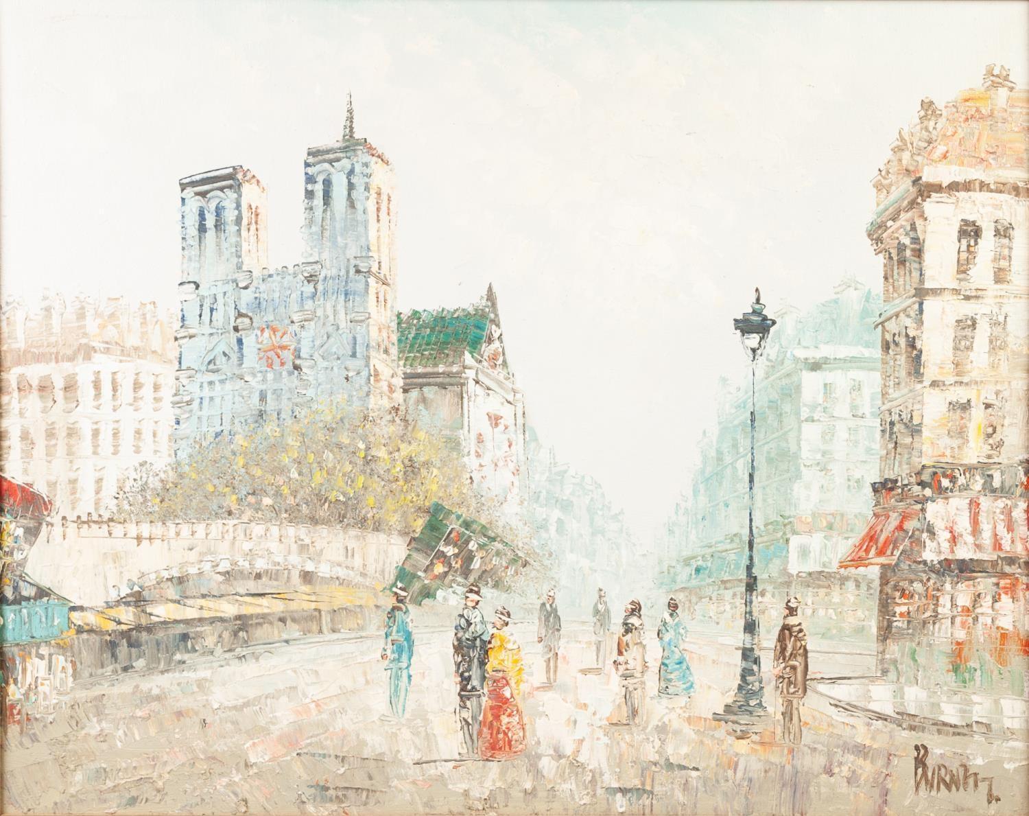 CAROLINE BURNETT (TWENTIETH/ TWENTY FIRST CENTURY) SUITE OF FOUR OIL PAINTINGS Parisienne street - Image 2 of 4