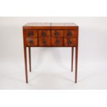 EARLY NINETEENTH CENTURY LADY?S HARLEQUIN LINE INLAID MAHOGANY TOILET TABLE, the two part oblong,