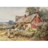 HENRY JOHN SYLVESTER STANNARD (1870-1951) WATERCOLOUR DRAWING ?Cottage Scene?, Girl and cat on a