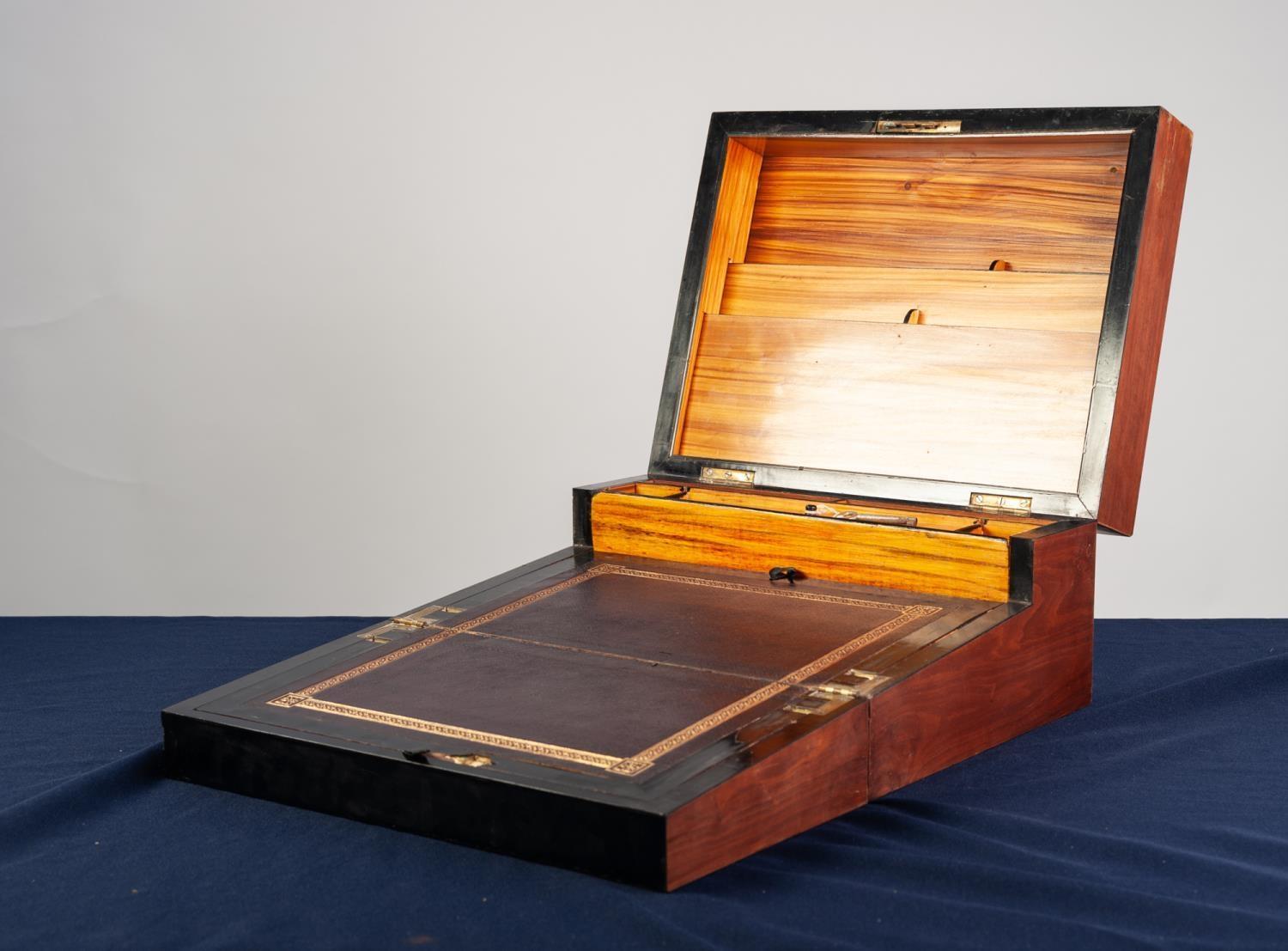 VICTORIAN AESTHETICS MOVEMENT BRASS INLAID WALNUT PORTABLE WRITING SLOPE, of oblong form, the top - Image 2 of 3