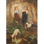 FROM THE ORIGINAL, MID 20th CENTURY OIL PAINTING ON PANEL Two children by a pond with lambs, one