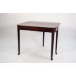 GEORGE III LINE INLAID MAHOGANY TEA TABLE, the rounded oblong fold over top set above a conforming