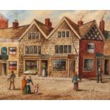 J SHAW 20th CENTURY OIL PAINTING Bygone street scene, figures by shops and public house top of