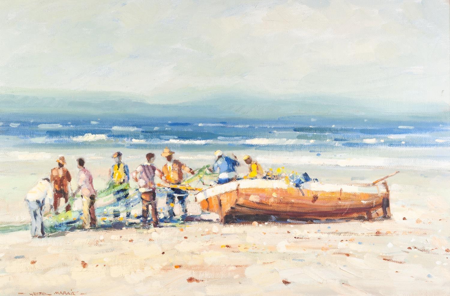 Weesel Marais (South African 1935-2009) Oil on board Beach scene with fishermen unloading the