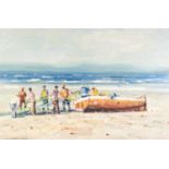 Weesel Marais (South African 1935-2009) Oil on board Beach scene with fishermen unloading the