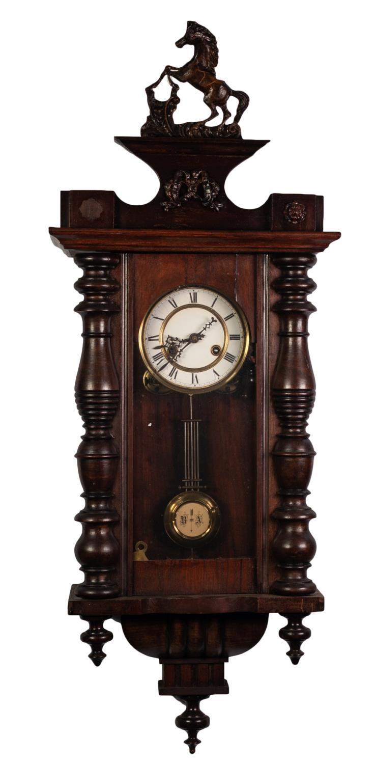 LATE 19th CENTURY STAINED BEECHWOOD VIENNA STYLE WALL CLOCK with spring driven movement, with