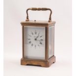 20th CENTURY FRENCH CORNICHE CASED BRASS REPEATER CARRIAGE CLOCK, the white enamel dial marked '