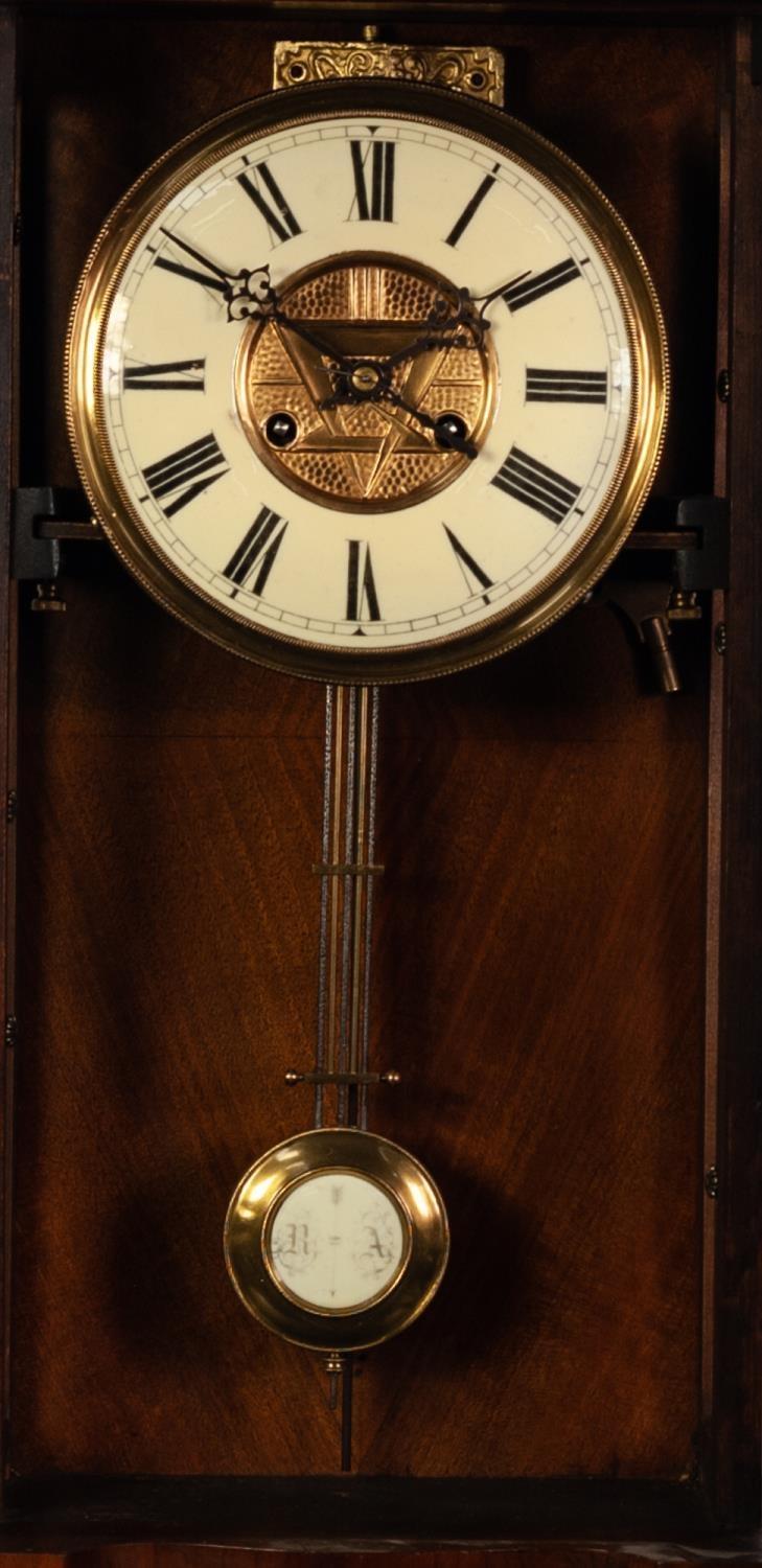 LATE 19th CENTURY WALNUT AND BEECHWOOD CASED VIENNA STYLE WALL CLOCK with pendulum, finialed - Image 2 of 2