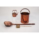 HEAVY COPPER CYLINDRICAL COAL BUCKET WITH SWING HANDLE, 13 ½? (34.2cm) high, together with a
