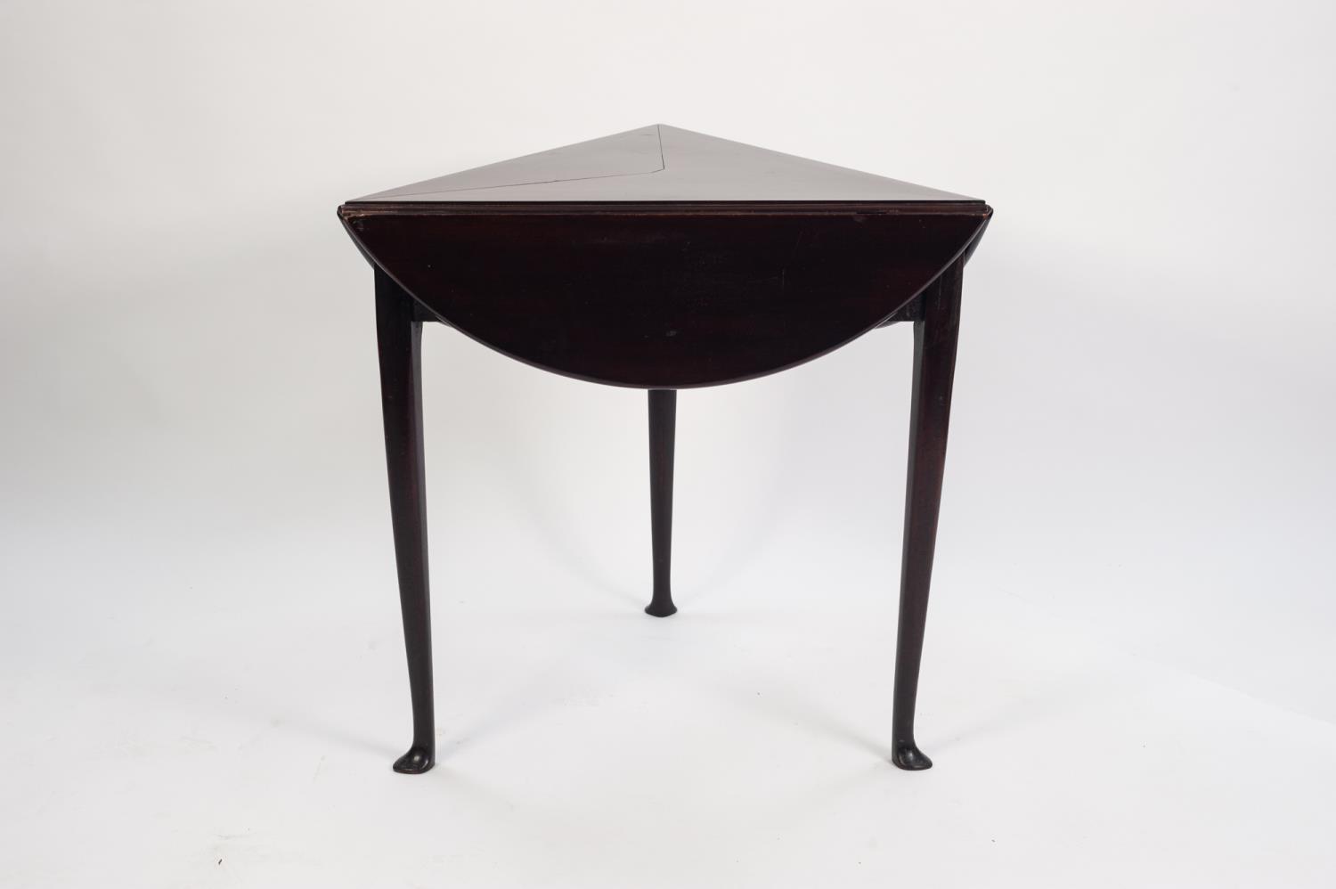 GEORGE III MAHOGANY DROP LEAF OCCASIONAL TABLE, the triangular, swivel top with three demi-lune drop - Image 2 of 2