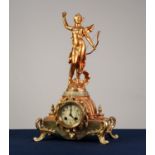 CIRCA 1900 FRENCH GREEN ONYX AND SPELTER MANTEL CLOCK, the ivorine dial with arabic numerals,