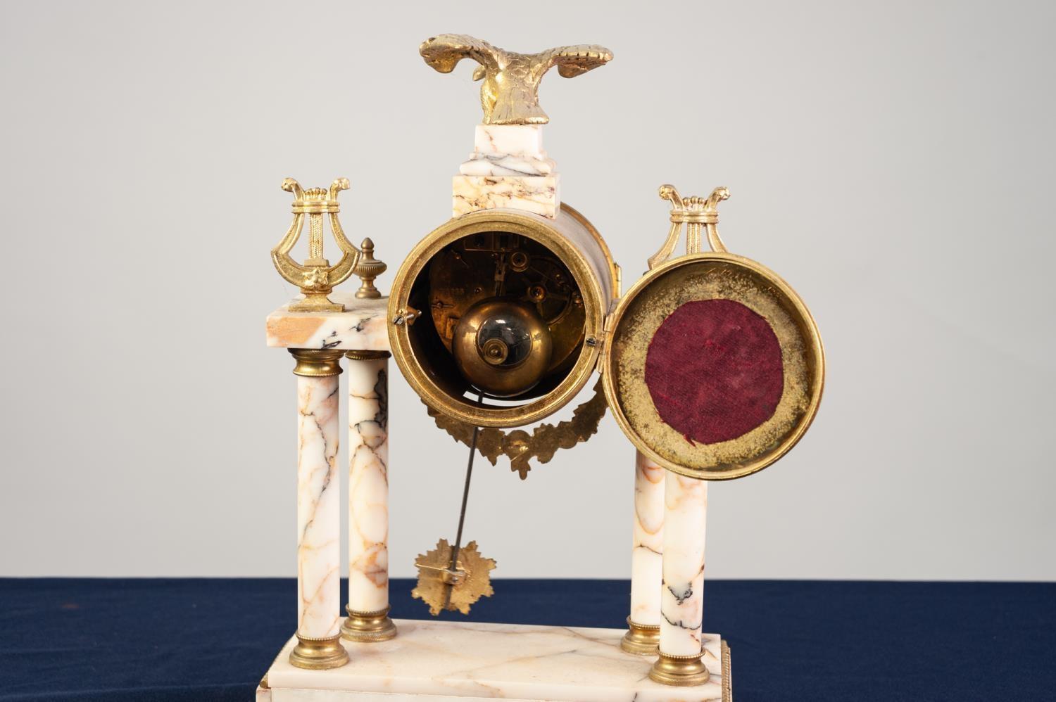 LATE 19th/EARLY 20th CENTURY FRENCH VEINED MARBLE AND GILT METAL MOUNTD PORTICO CLOCK, the drum - Image 3 of 3