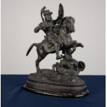 TWENTIETH CENTURY BLACK SPELTER GROUP OF A WARRIOR ON HORSE BACK, the horse modelled rearing, the