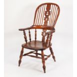 NINETEENTH CENTURY ELM AND FRUITWOOD HOOP BACK WINDSOR OPEN ARMCHAIR, the two part back with pierced
