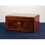 LATE VICTORIAN WALNUT, TULIPWOOD CROSSBANDED AND TUNBRIDGE BANDED WRITING BOX