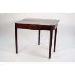 GEORGE III LINE INLAID MAHOGANY TEA TABLE, the rounded oblong fold over top with exposed brass